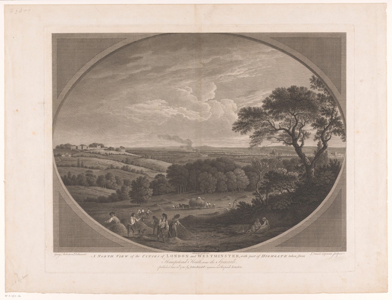 Udsigt i London, set fra Hampstead Heath En nordlig udsigt over byerne London og Westminster, med en del af Highgate taget fra Hampstead Heath, nær spanierne (titel på objektet) af Daniel Lerpinière