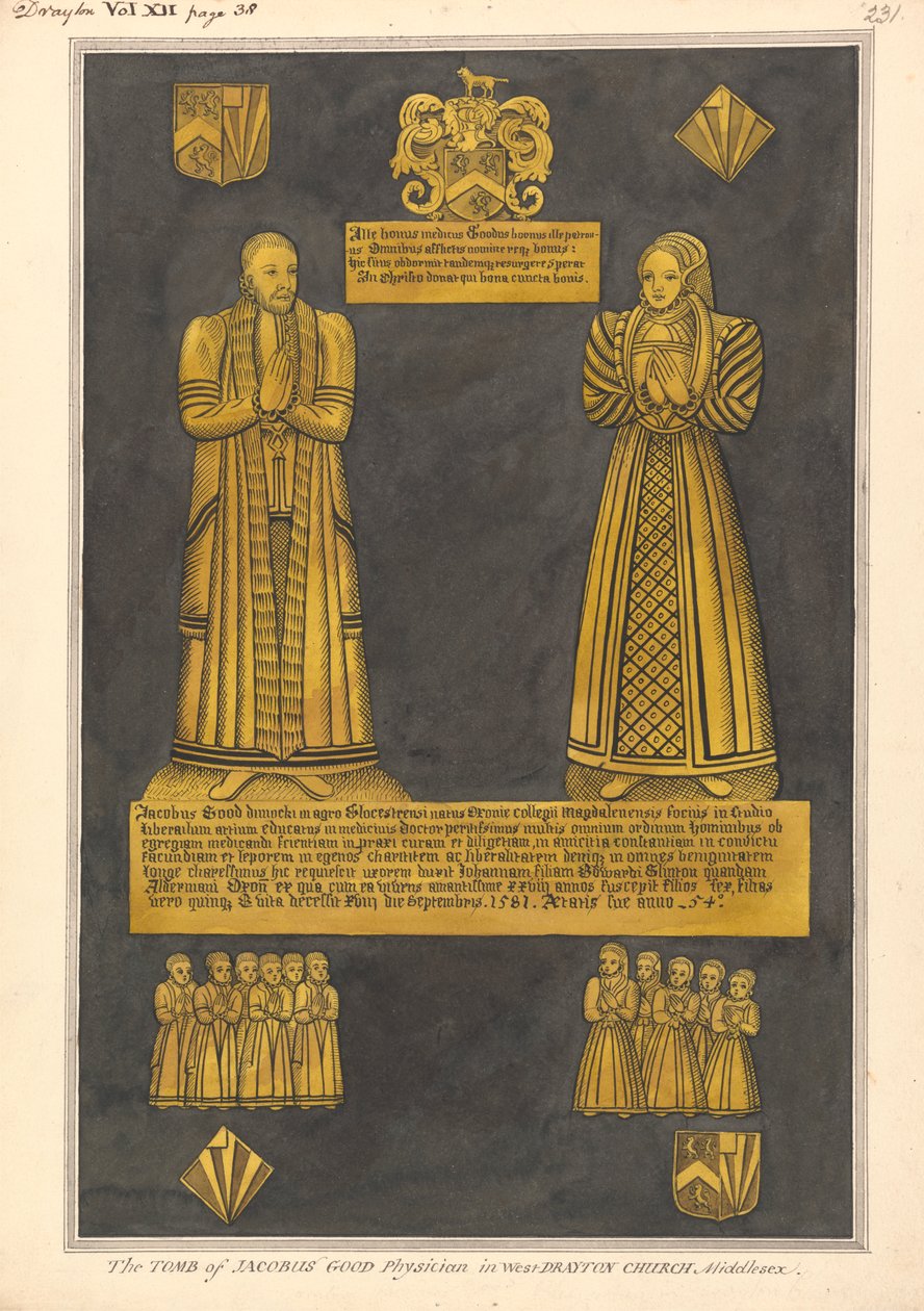 Messingplade til Dr. James Goode og hans kone Joan, datter af Edward Clinton, West Drayton Church af Daniel Lysons