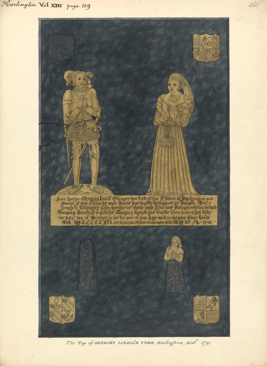 Messingplade til Gregory Lovell og hans kone Anne, datter af David Bellingham, Harlington Church af Daniel Lysons