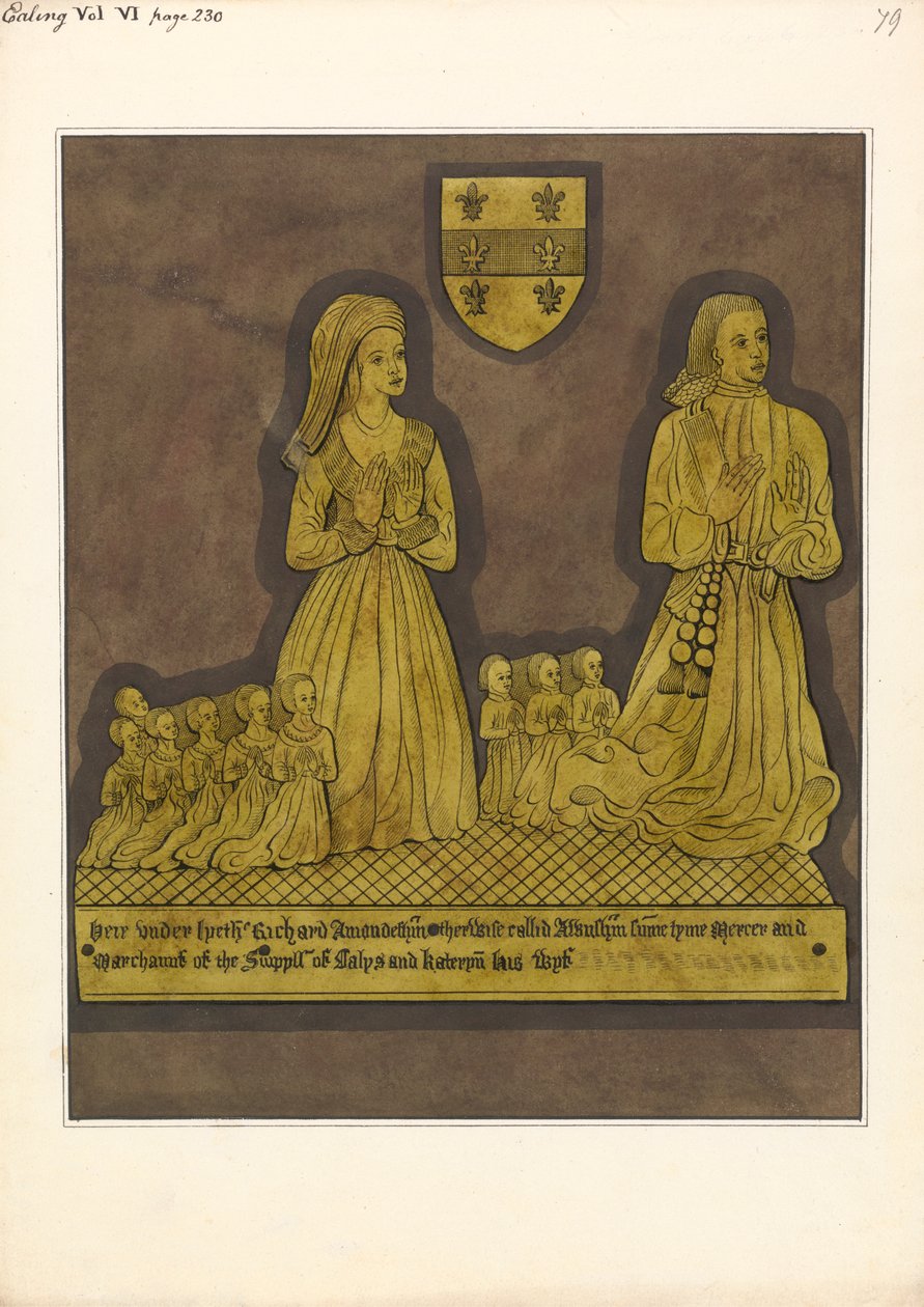 Messingplade til Richard Amondesham og hans kone Katherine, Ealing Church af Daniel Lysons