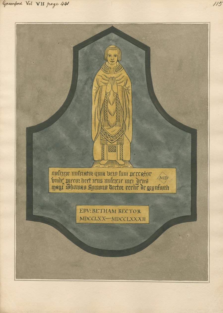 Messingplade til Thomas Symons fra Greenford Church af Daniel Lysons