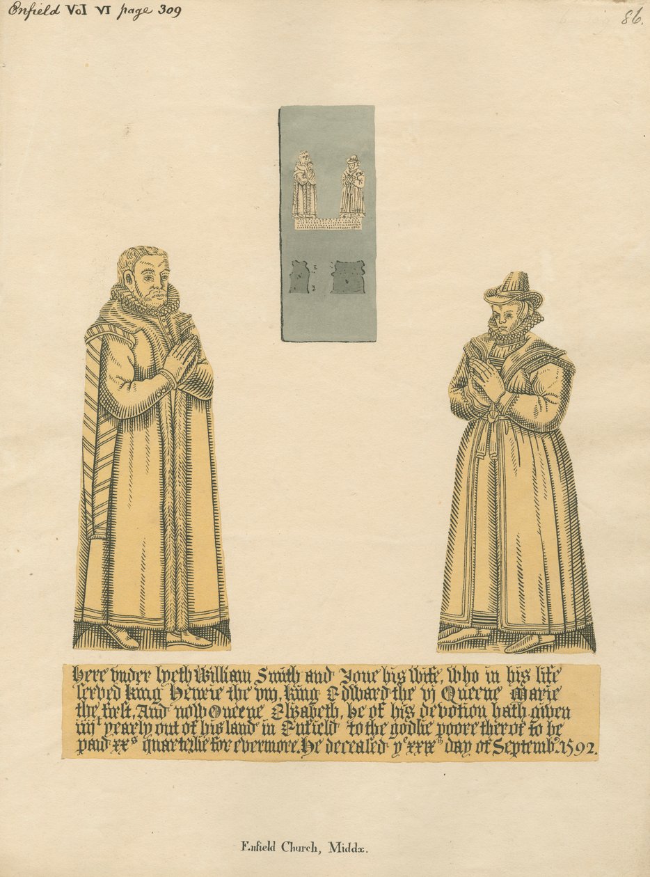 Messingplade til William og Jane Smith fra Enfield Church af Daniel Lysons