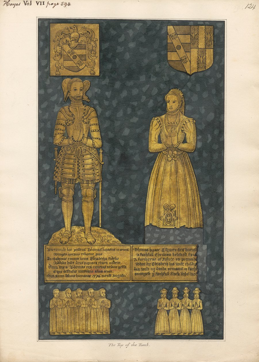 Messingplade på toppen af Tomb of Thomas and Elizabeth Higate fra Hayes Church af Daniel Lysons
