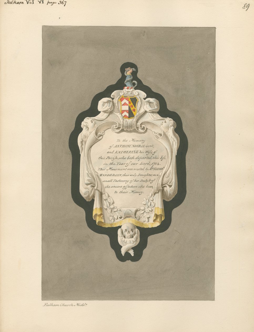 Memorial til Anthony og Katherine Nourse fra Fulham Church af Daniel Lysons
