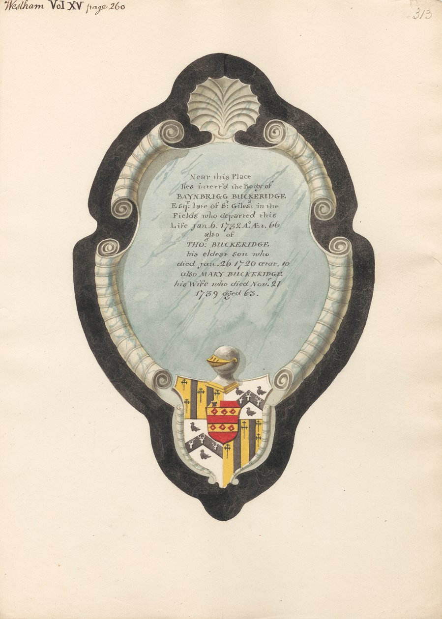 Mindesmærke for Baybrigg Buckeridge, hans kone Mary og hans søn, Thomas fra West Ham Church af Daniel Lysons
