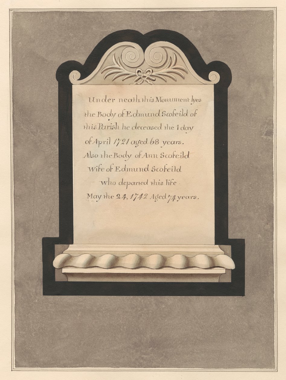 Mindesmærke for Edmund Scofield og hans kone Ann fra Cowley Church af Daniel Lysons