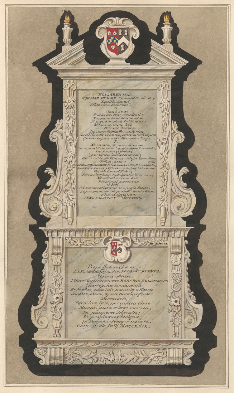 Mindesmærke for Elizabeth Field og Elizabeth Reeves fra Cranford Church af Daniel Lysons