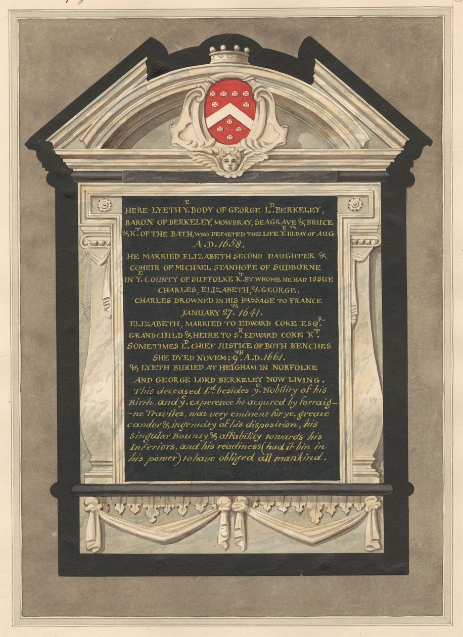 Memorial til George Lord Berkeley fra Cranford Church af Daniel Lysons