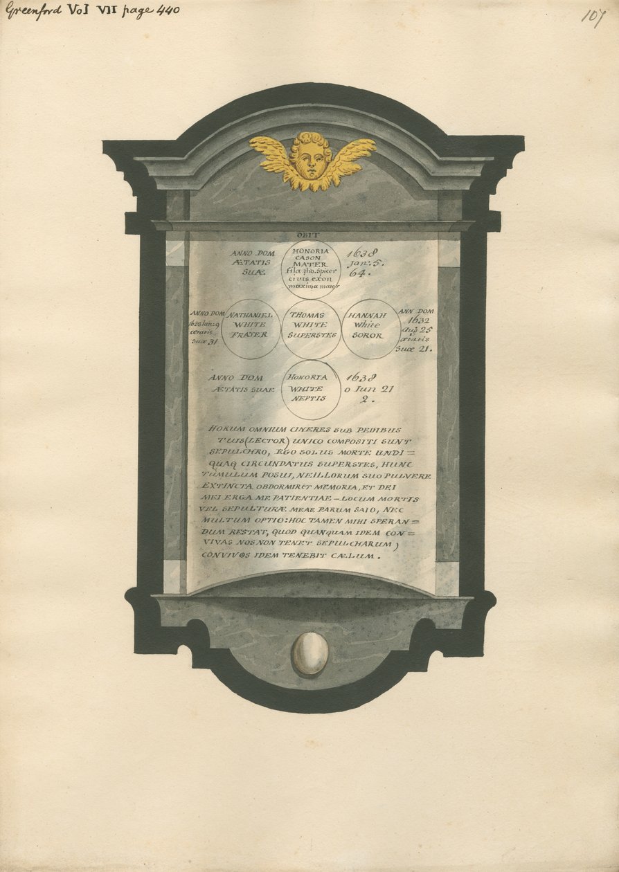 Mindesmærke for Honoria Cason, Nathaniel, Thomas, Hannah og Honoria White fra Greenford Church af Daniel Lysons