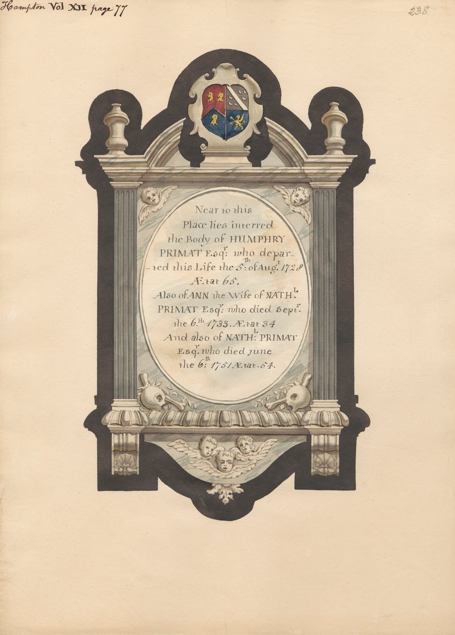 Mindesmærke for Humphry Primat, Nathaniel og Ann Primat fra Hampton Church af Daniel Lysons