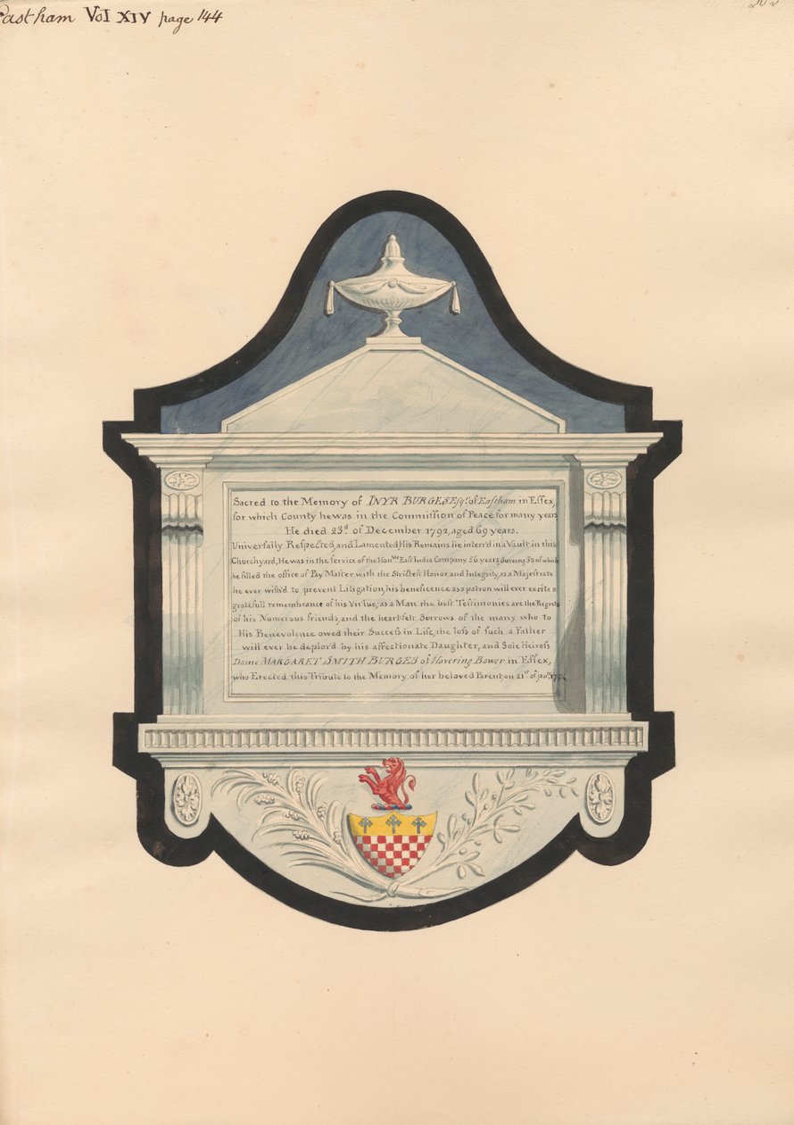 Mindesmærke for Inyr Burgess, fra East Ham Church af Daniel Lysons