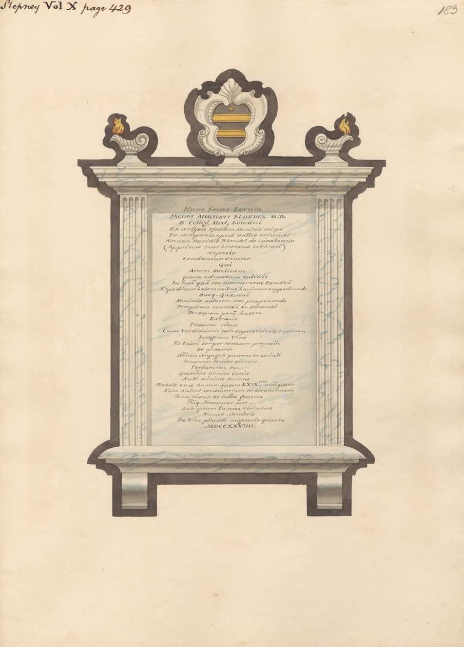 Mindesmærke for Jacob Augustus Blondel fra Stepney Church af Daniel Lysons