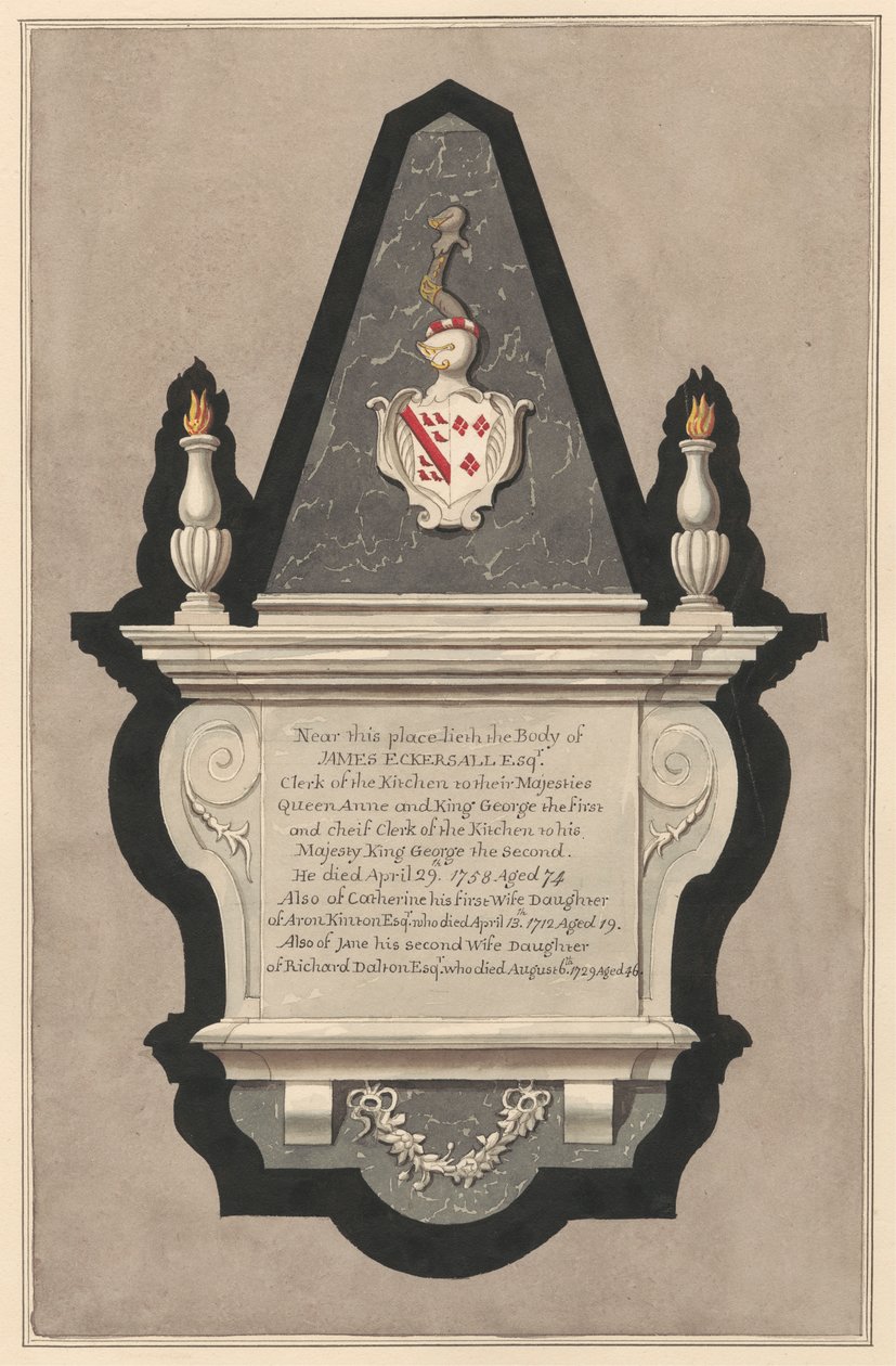 Mindesmærke for James Eckersall og hans kone Catherine og hans anden kone Catherine og hans anden kone Jane fra Drayton Church af Daniel Lysons