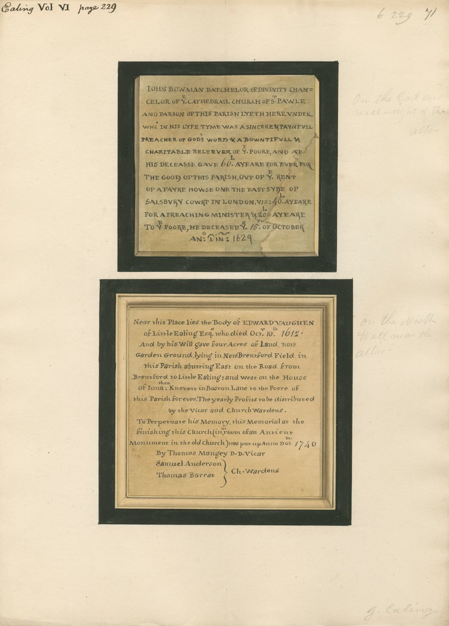 Mindesmærke for John Bowman og Edward Vaughen fra Ealing Church af Daniel Lysons
