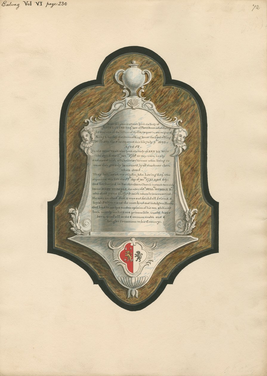 Mindesmærke for John Loving og hans kone Ann fra Ealing Church af Daniel Lysons