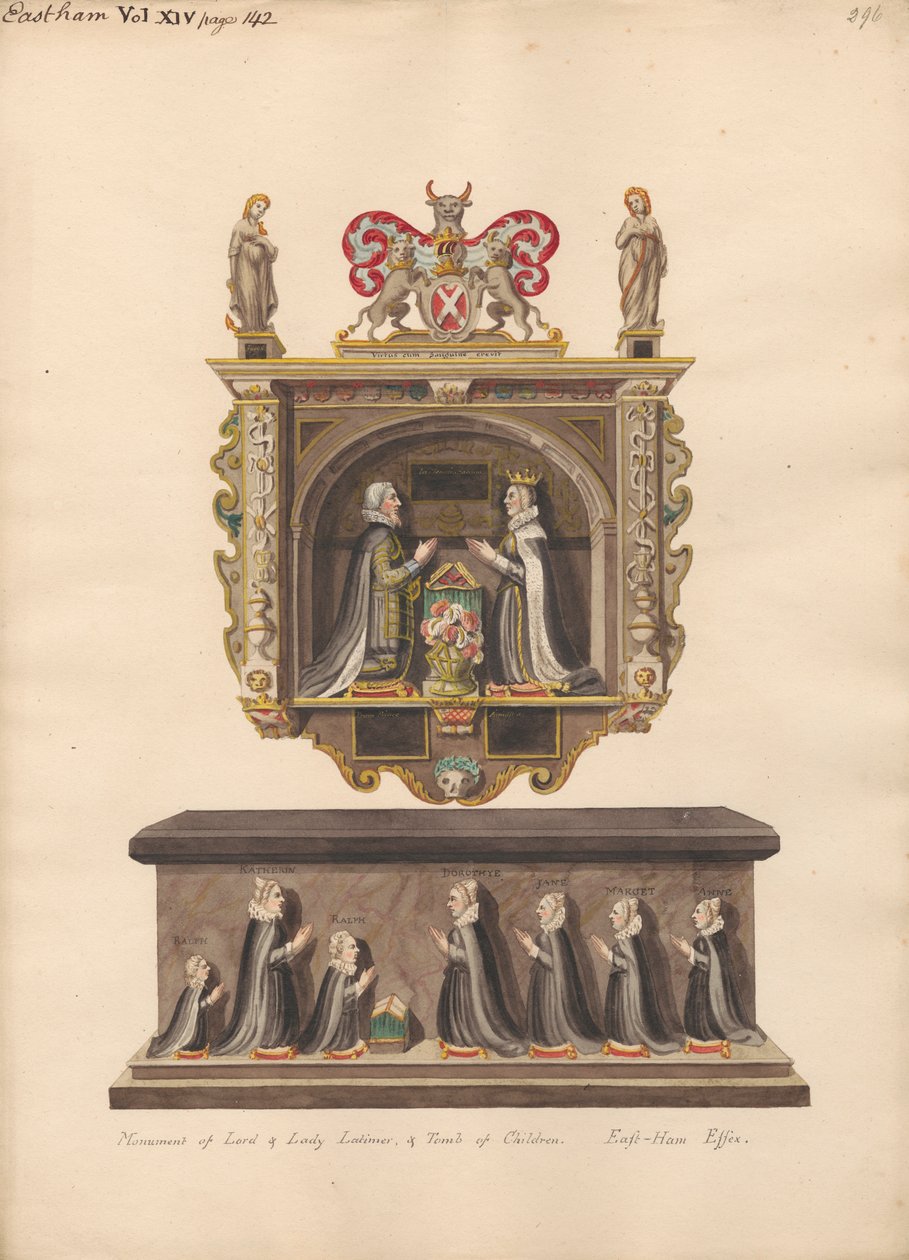 Mindesmærke for Lord og Lady Latimer og børnegraven Ralph, Katherin, Ralph, Dorothye, Jane, Margaret og Anne fra East Ham Church af Daniel Lysons