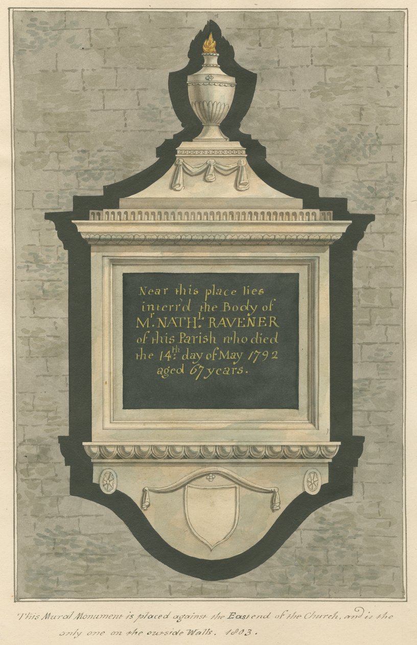 Mindesmærke for Mr. Nathaniel Ravener fra Greenford Church af Daniel Lysons