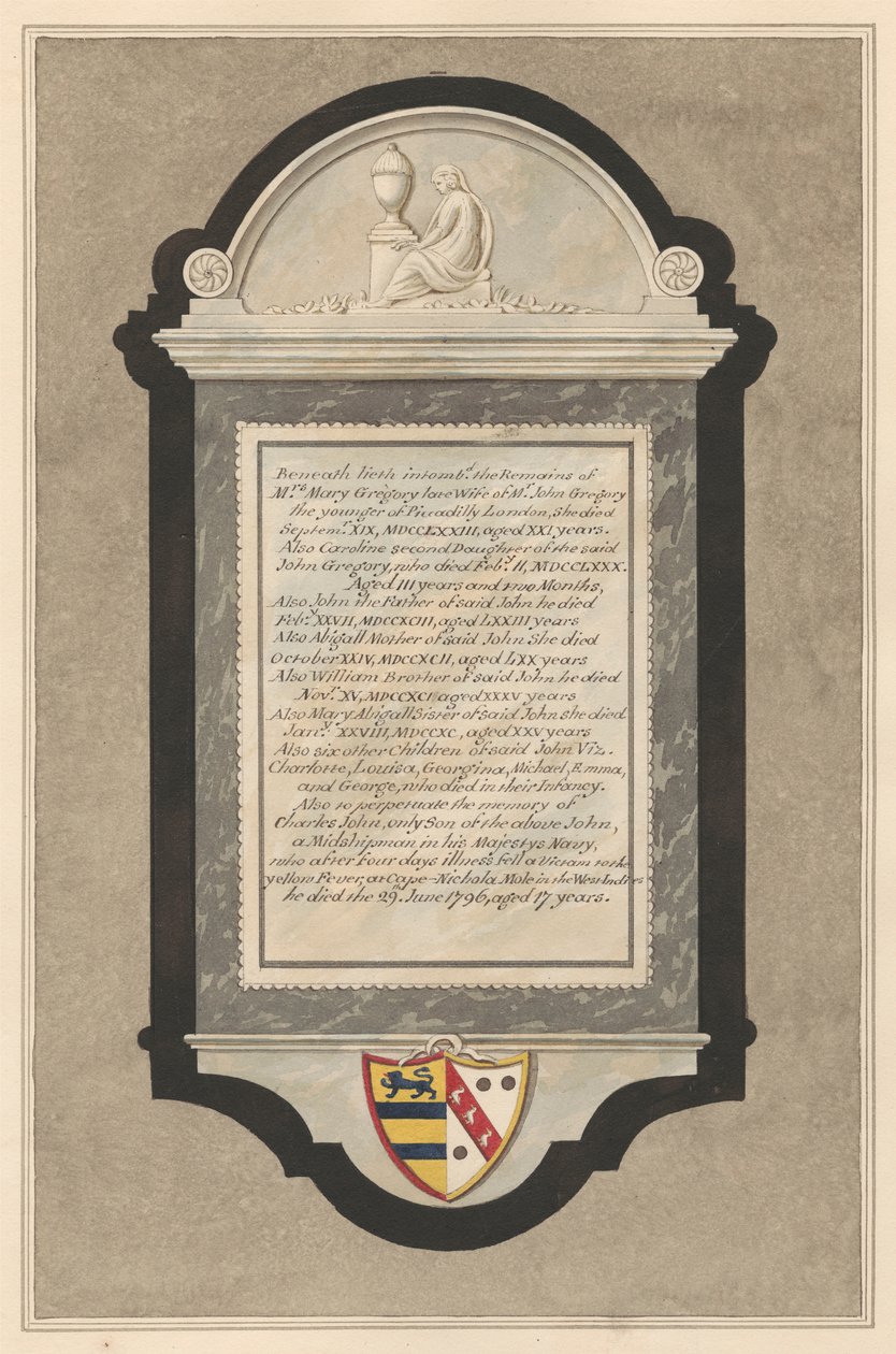 Mindesmærke for fru Mary Gregory, Caroline Gregory, John Gregory, Abigail Gregory, William Gregory, Mary Abigail Gregory, seks børn: Charlotte, Louisa, Georgina, Michael, Emma og George Gregory og Charles John Gregory fra Cranford Church af Daniel Lysons