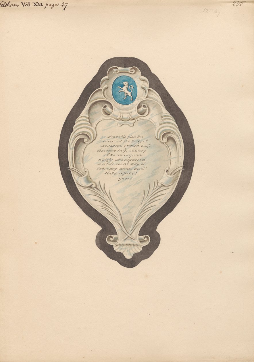 Mindesmærke for Nathaniel Crewe fra Feltham Church af Daniel Lysons