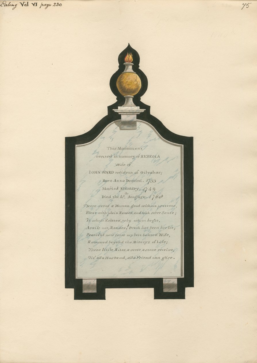 Mindesmærke for Rebecca Wife of John Ward fra Ealing Church af Daniel Lysons