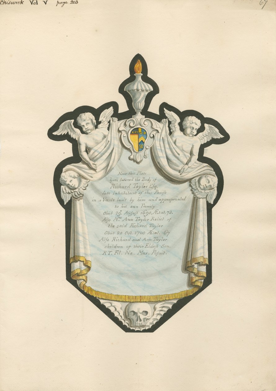 Mindesmærke for Richard Taylor og fru Ann Taylor og deres børn Richard og Anne fra Chiswick Church af Daniel Lysons