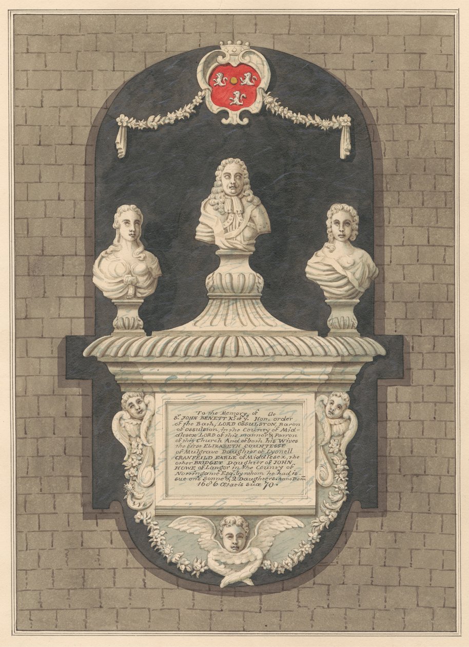 Mindesmærke for Sir John Bennett og hans hustruer Elizabeth og Bridget fra Harlington Church af Daniel Lysons