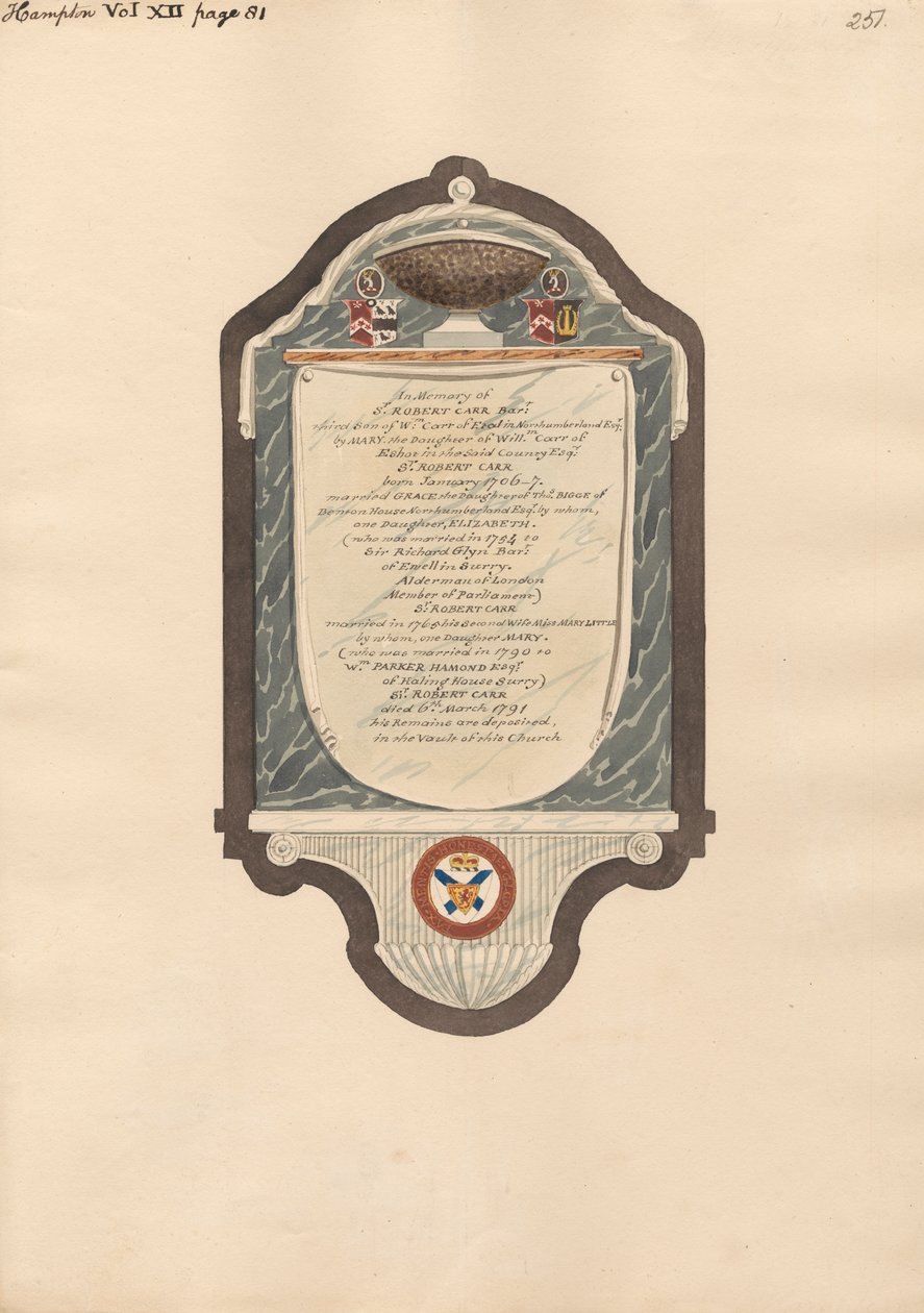 Mindesmærke for Sir Robert Carr fra Hampton Church af Daniel Lysons