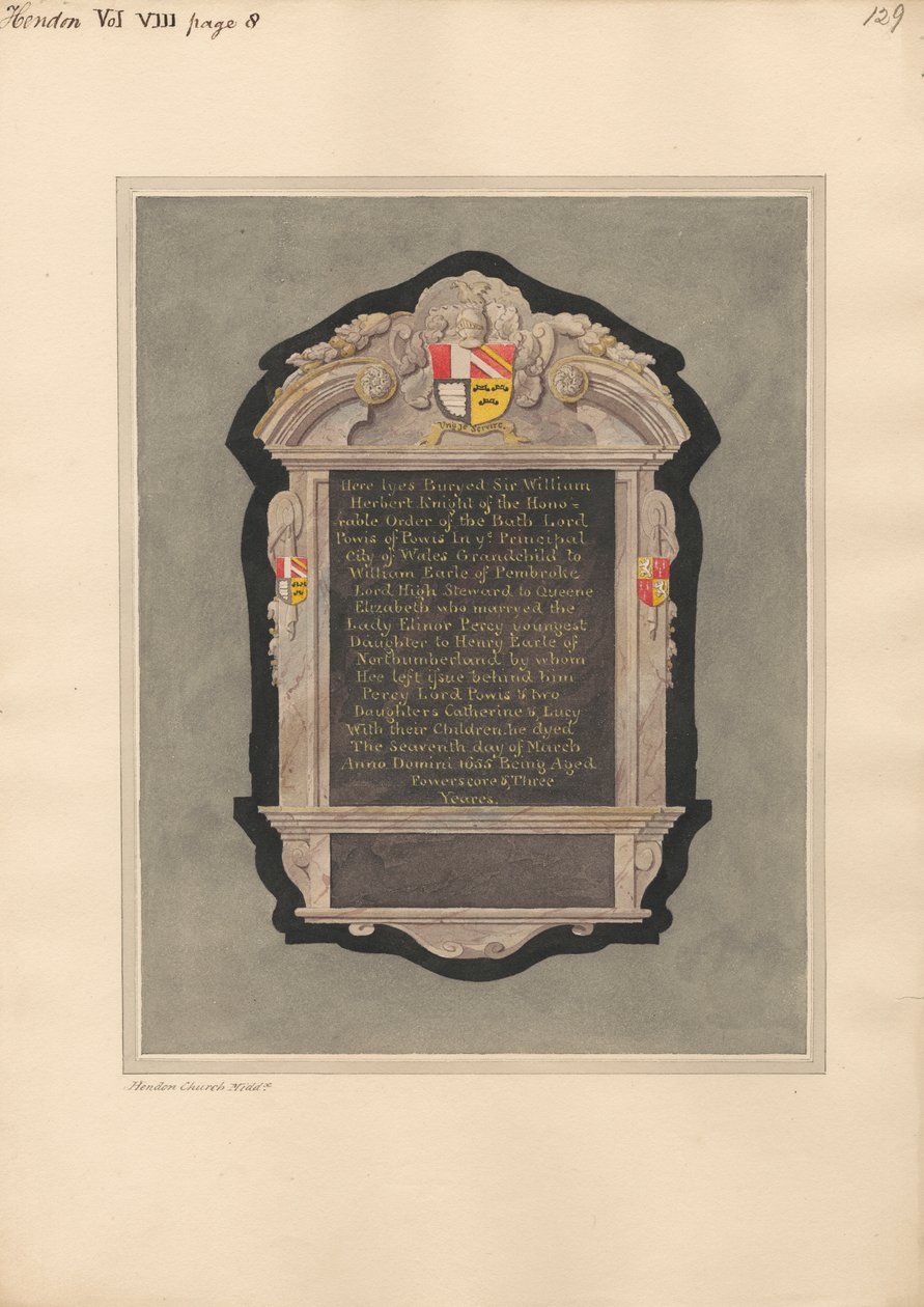 Mindesmærke for Sir William Herbert fra Hendon Church af Daniel Lysons