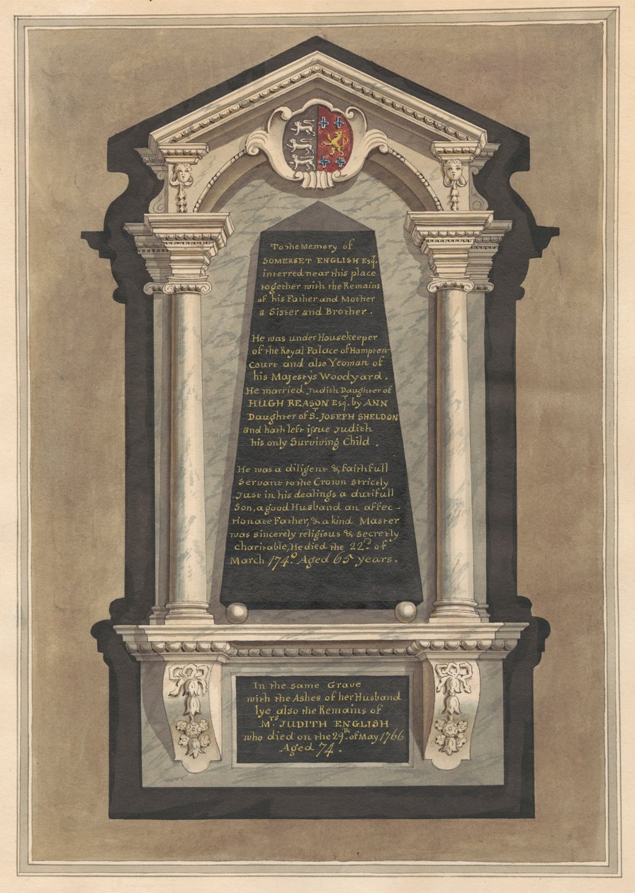 Mindesmærke for Somerset English, hans kone Judith, hans mor, hans far, en søster og en bror fra Hampton Church af Daniel Lysons