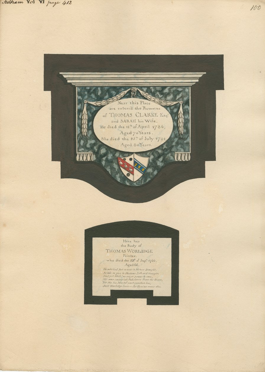 Mindesmærke for Thomas Clarke og hustru Sarah og Thomas Worlidge fra Fulham Church af Daniel Lysons