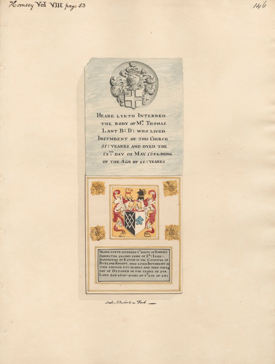 Mindesmærke for Thomas Lant også for Robert Harington fra Hornsey Church af Daniel Lysons