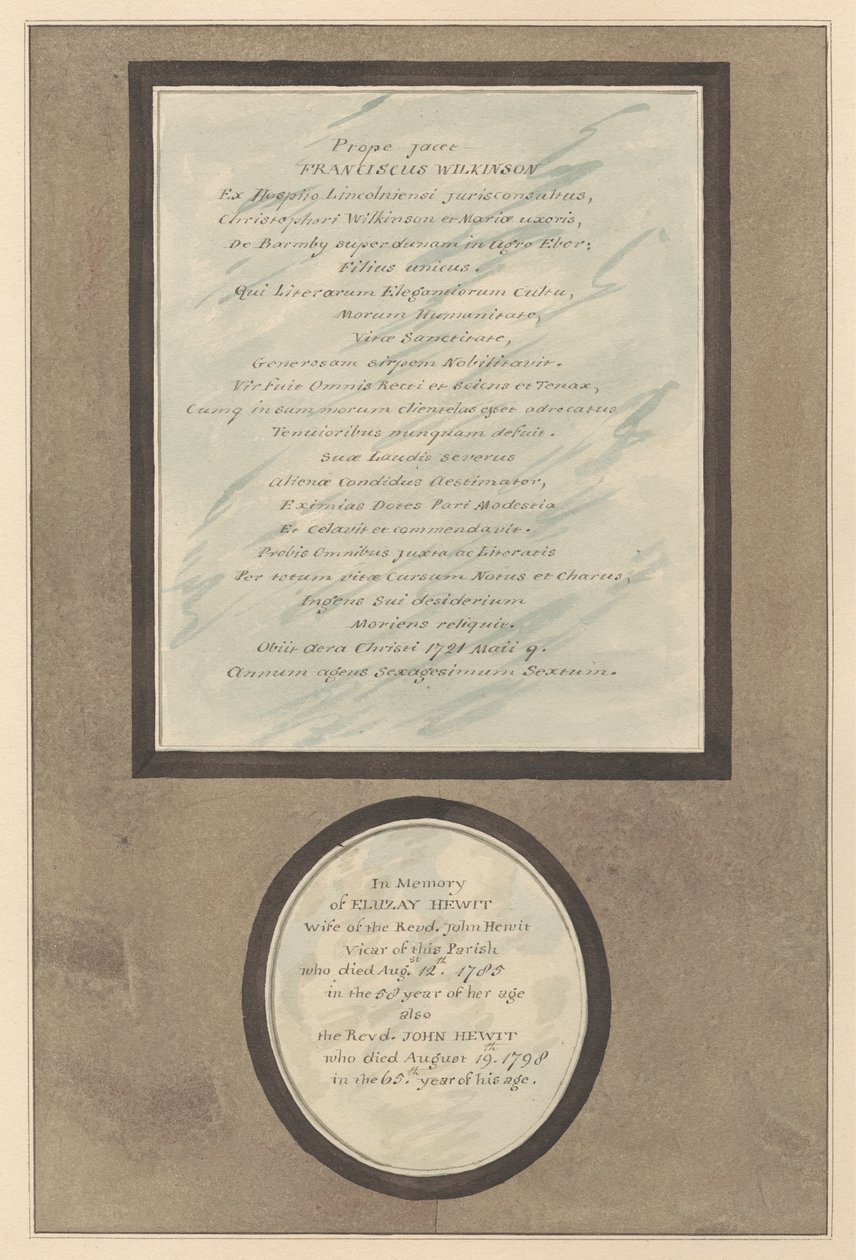 Mindesmærker for Francis Wilkson og John og Eluzay Hewitt fra Feltham Church af Daniel Lysons