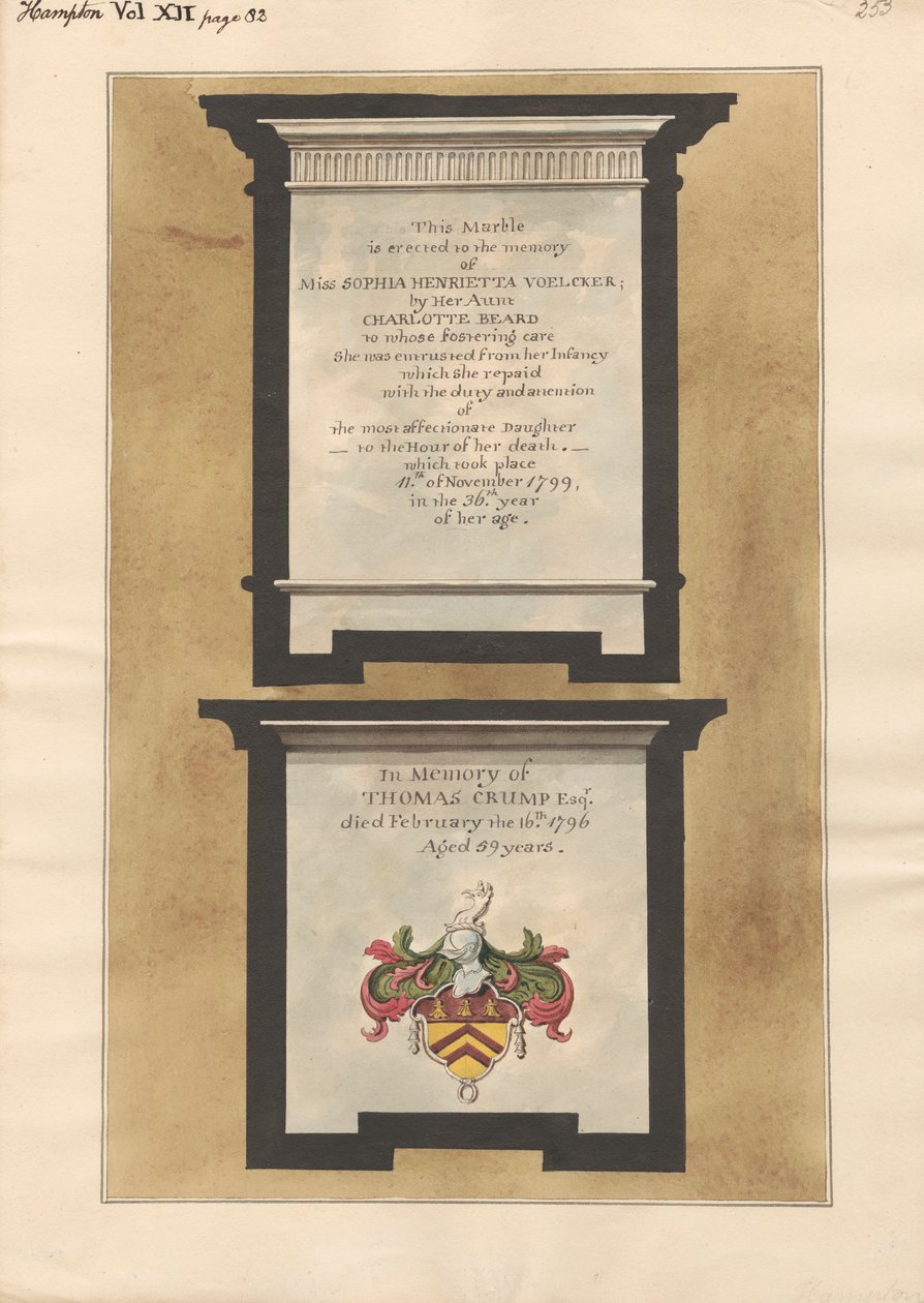Mindesmærker for Miss Sophia Henrietta Voelcker og Thomas Crump fra Hampton Church af Daniel Lysons