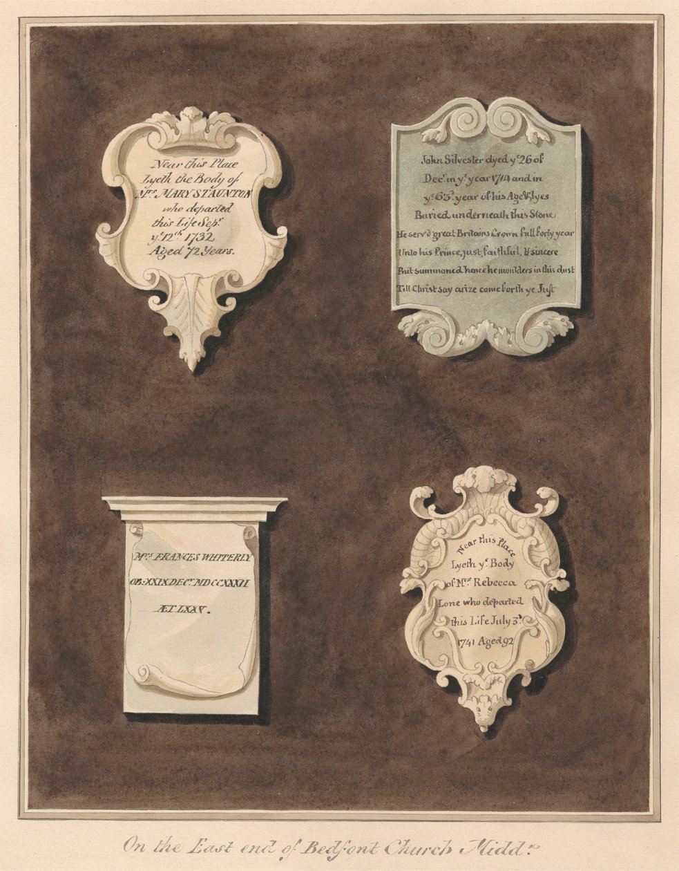 Mindesmærker for Mrs. Mary Staunton, John Silvester, Mrs. Frances Whiterly og Mrs. Rebecca Lone fra Bedfont Church af Daniel Lysons