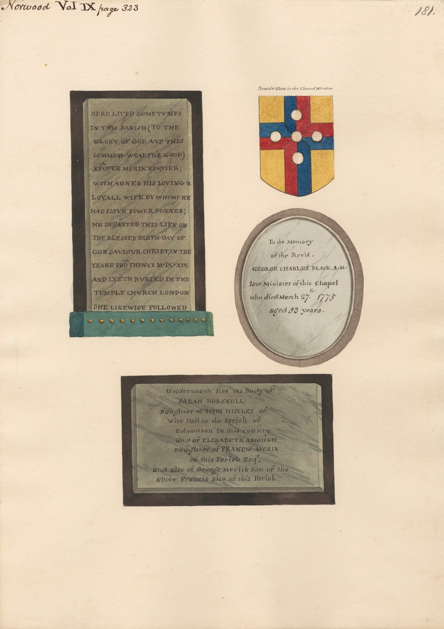 Mindesmærker for Xpofer og Agnes Merick, George Charles Black og Sarah Horsnell, Elizabeth Ascough og George Merick af Daniel Lysons
