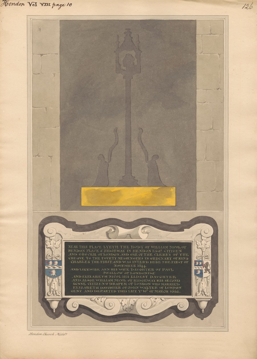Rester af messingplade og mindesmærke for William Nicol og Ann hans kone og Elizabeth hans datter og William hans søn af Hendon Church af Daniel Lysons