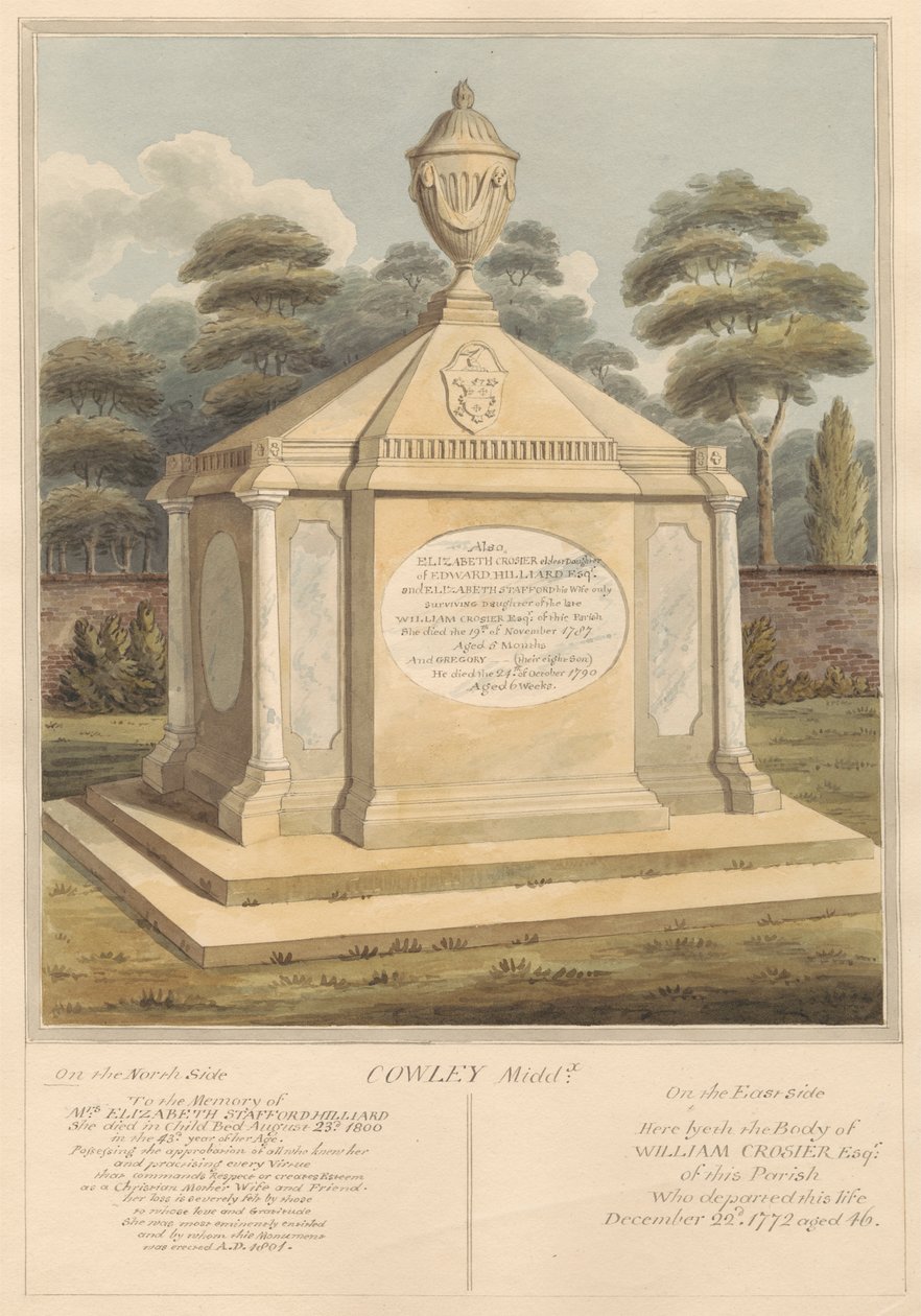Graven af fru Elizabeth Stafford Hilliard, Elizabeth Grosier, Gregory Grosier og William Grosier af Daniel Lysons
