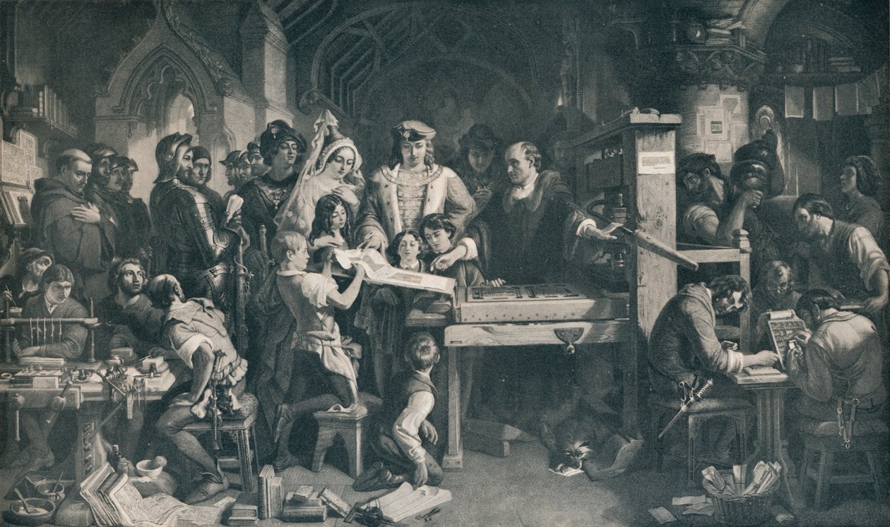 Caxton viser det første eksemplar af sit tryk til kong Edward IV, c1858, 1911 af Daniel Maclise
