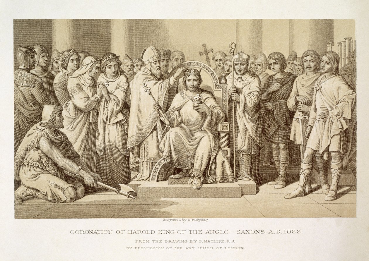 Kroning af Harold, kongen af angelsakserne, indgraveret af W. Ridgeway af Daniel Maclise