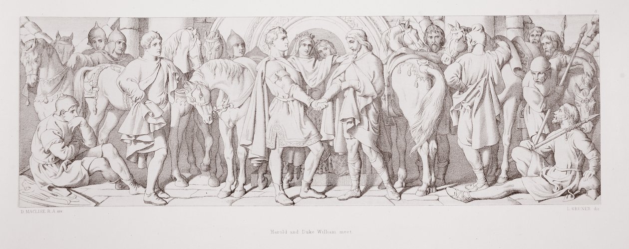 Harald og hertug Vilhelm mødes, fra "The Story of the Norman Conquest", graveret af L. Gruner, 1866 af Daniel Maclise