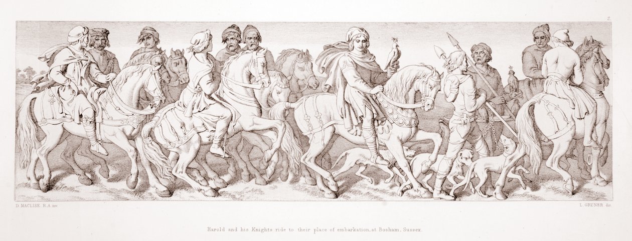 Harold og hans riddere rider til deres indskibningssted ved Bosham, Sussex, fra "The Story of the Norman Conquest", graveret af L. Gruner, 1866 af Daniel Maclise