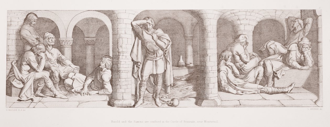 Harold og sakserne er indespærret i Beaurain-slottet nær Montreuil, fra "The Story of the Norman Conquest", graveret af L. Gruner, 1866 af Daniel Maclise
