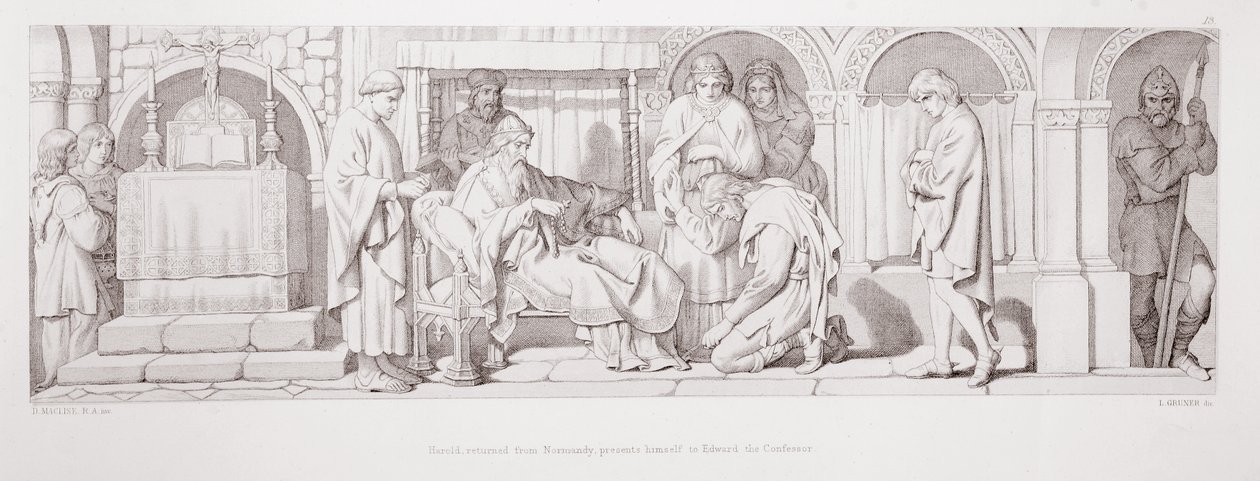 Harold, der er vendt tilbage fra Normandiet, præsenterer sig selv for Edward Bekenderen, fra "The Story of the Norman Conquest", graveret af L. Gruner, 1866 af Daniel Maclise