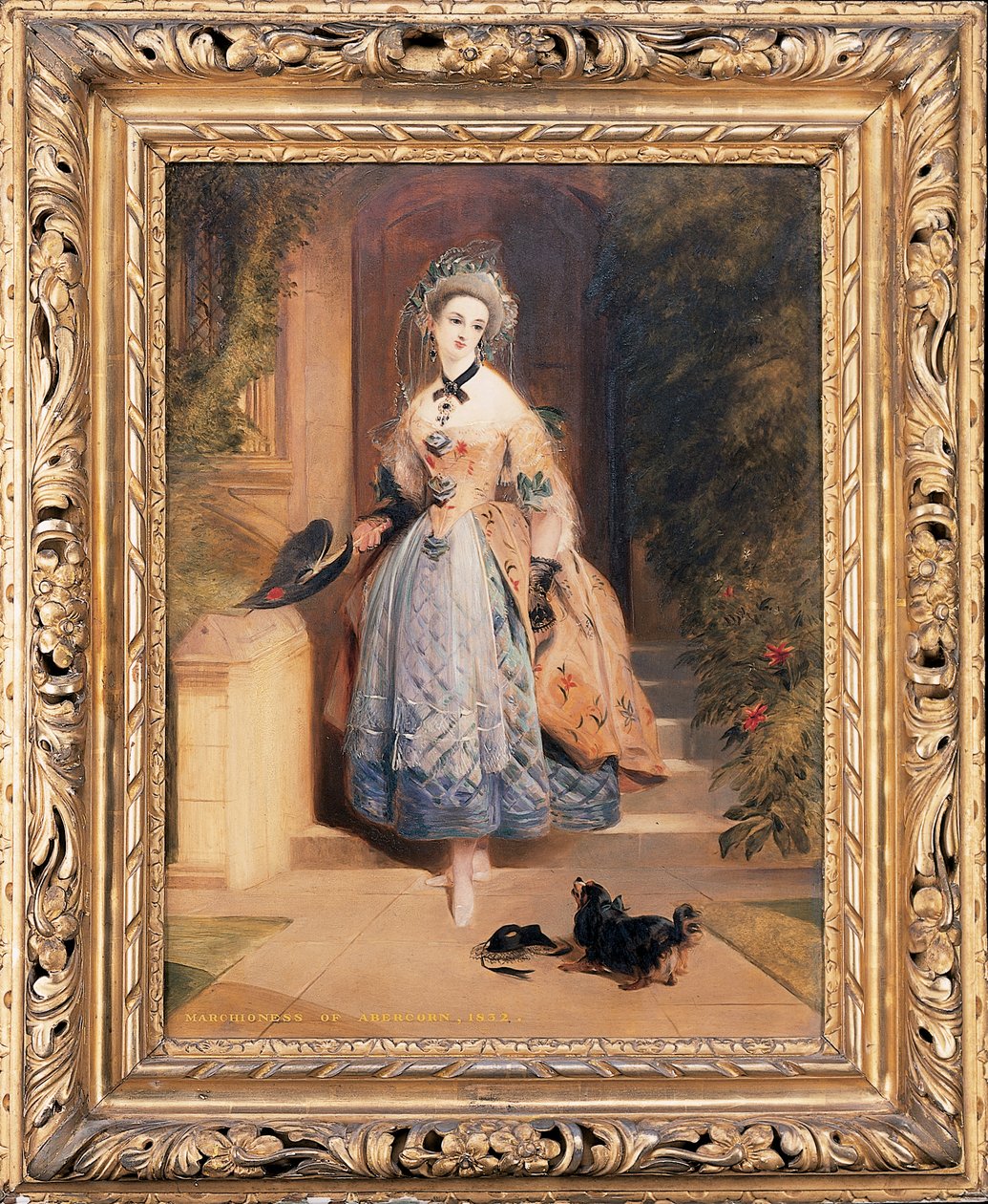 Portræt af Louisa Jane, Markionesse af Abercorn, lille i fuld længde, i en udførligt broderet gul og blå kjole, ved indgangen til et hus, med en spaniel, 1832 af Daniel Maclise