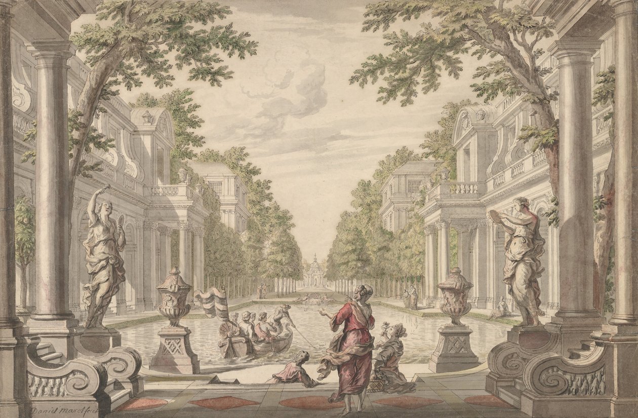 Udsigt over en paladshave med en central dam omgivet af klassisk arkitektur..., ca. 1700-1720. af Daniel Marot