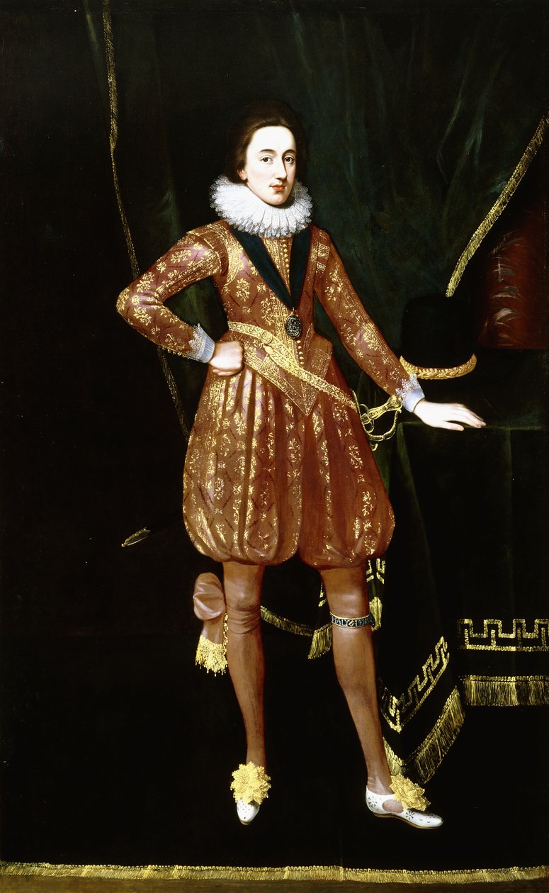 Portræt af kong Charles I som prinsen af Wales, i fuld længde, foran et grønt fløjlsdrapering, iført Saint George Order, en guldbroderet dublett og bukser, hans venstre hånd hvilende ved siden af hans hat på et bord, af Daniel Mytens