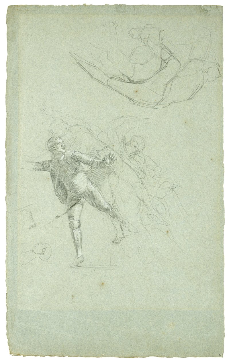Studie til The Siege of Gibraltar (Study for a Figure on a Cannon in the Longboat), 1785-1786 (sort og hvidt kridt på gråblåt papir) af Daniel Mytens