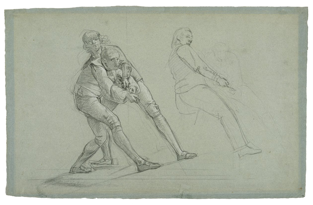 Studie til The Siege of Gibraltar (Studie af figurer, der trækker i et reb), 1785-1786 (sort og hvidt kridt på gråblåt papir) af Daniel Mytens
