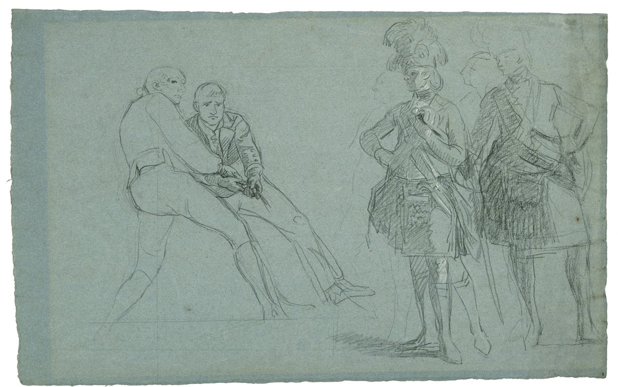 Studie til The Siege of Gibraltar (Studie af oberstløjtnant Lindsay og figurer, der trækker i et reb), ca. 1786-1787 (grafslips og sort/hvid kridt på gråblåt papir) af Daniel Mytens