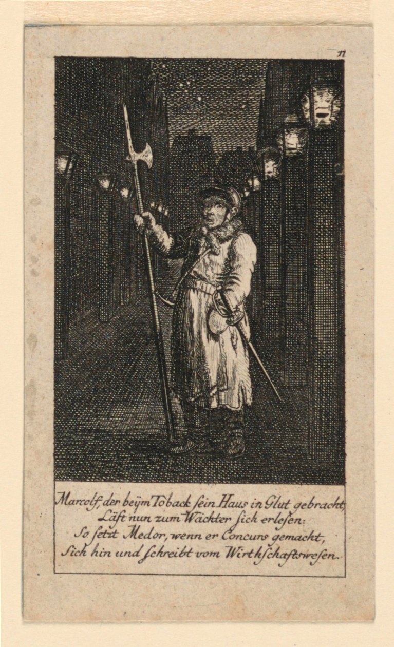 En nattevagt, illustration til "Königl: Grosbrit [anian] genealogisk kalender for 1780-året Lauenberg af J.G. Berenberg" af Daniel Nikolaus Chodowiecki